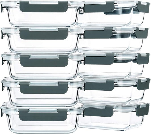 M MCIRCO 10-Pack,22 Oz Glass Meal Prep Containers,Glass Food Storage Containers with lids,Glass Lunch Containers,Microwave, Oven, Freezer and Dishwasher (Gray)