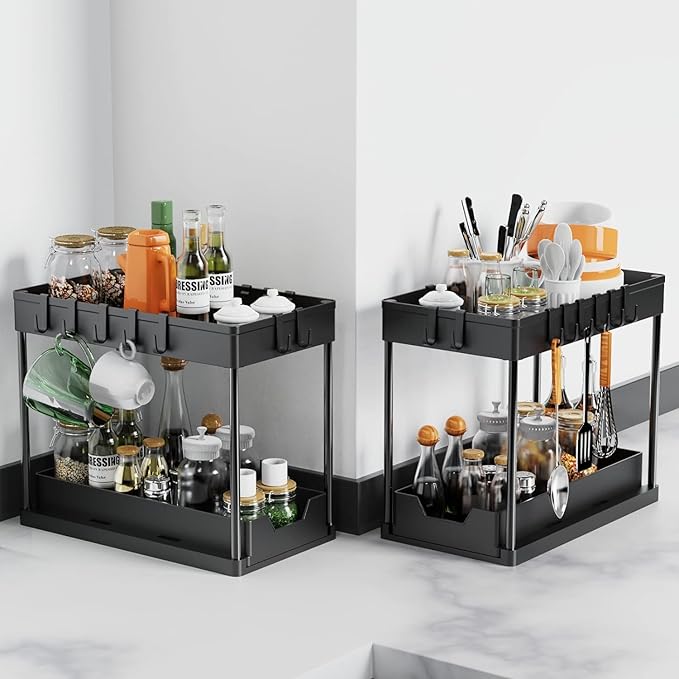 2PC Under Sink Organizer with Hanging Cups - 2 Tier Metal Under Sliding Cabinet Organizer Drawer with 4 Hooks for Bathroom Pantry Cabinet Rack Black