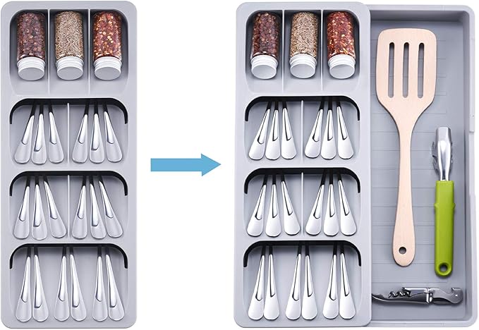 2pcs Expandable Kitchen Drawer Organizer, Adjustable Cutlery Trays and Utensil Holder, Kitchen Drawer Dividers Storage for Silverware, Flatware, Knives, Spoons, Gray