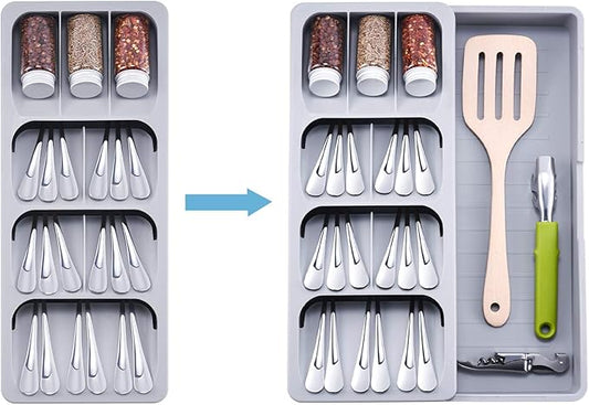 2pcs Expandable Kitchen Drawer Organizer, Adjustable Cutlery Trays and Utensil Holder, Kitchen Drawer Dividers Storage for Silverware, Flatware, Knives, Spoons, Gray