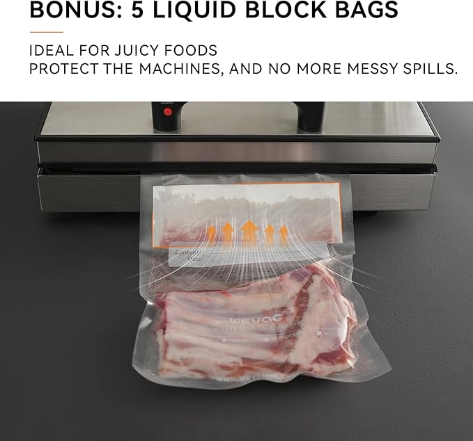 11" x 16" Precut Vacuum Sealer Bags, 100 Count, Includes 5 Liquid Block Bags & 5 Bone Guard Pieces, Heavy Duty for Food Storage, Sous Vide & Meal Prep, Wevac Core