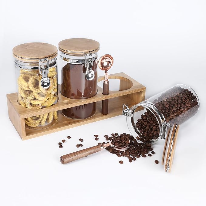KKC Airtight Borosilicate Glass Coffee Beans, Loose Leaf Tea & Sugar Containers with Bamboo Lids & Scoops,Rack, Labels - Cocoa,Matcha, Kitchen Pantry Organization - 40 Fl.Oz