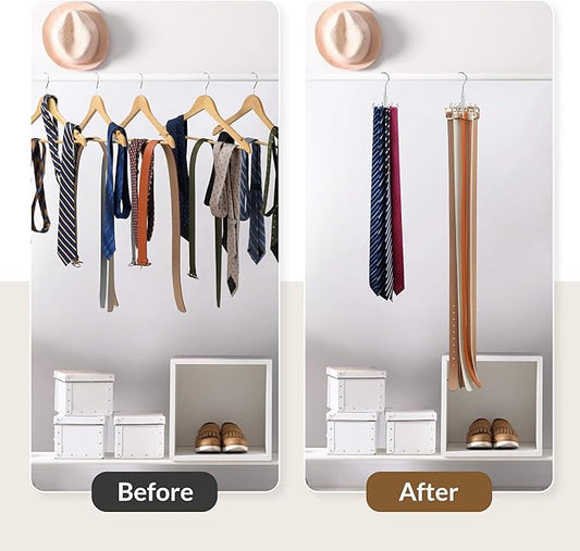 ZEDODIER Tie Hanger for Closet, 2 Pack Rotatable Tie Organizer for Men with 8 Hooks, Heavy Duty Space Saving Tie Rack for Ties and Belts, Silver