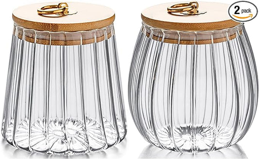 FANTESTICRYAN Small Glass Coffee Nuts Canister Airtight Storage Jar Petal Decorative Container with Bamboo Lid Metal Handle Easy to Grasp 700ml, 23 FL OZ (Set of 2)