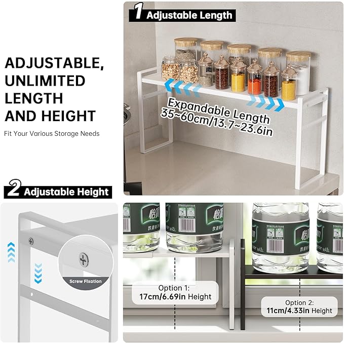 Expandable Metal Spice Organizer Shelf, Standing Small Narrow Rack for Seasonings, Adjustable Kitchen Storage Shelf Countertop (White, L13.7-23.6''*W3.54''H7'')