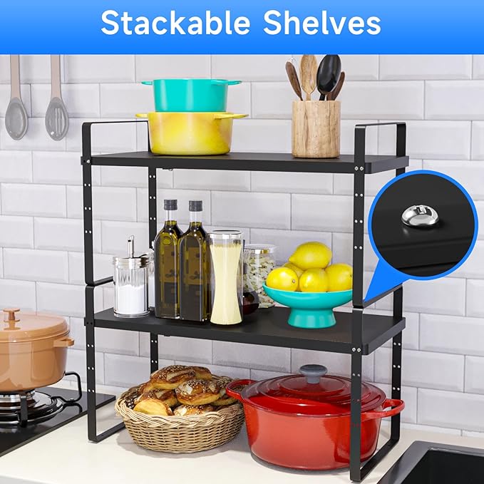 Expandable Cabinet Shelf Organizer, Stackable Kitchen Pantry Counter Storage, Adjustable Closet Cupboard Stand Rack Risers Spice Organization 80LBS Heavy Duty Black Large 2 Pack