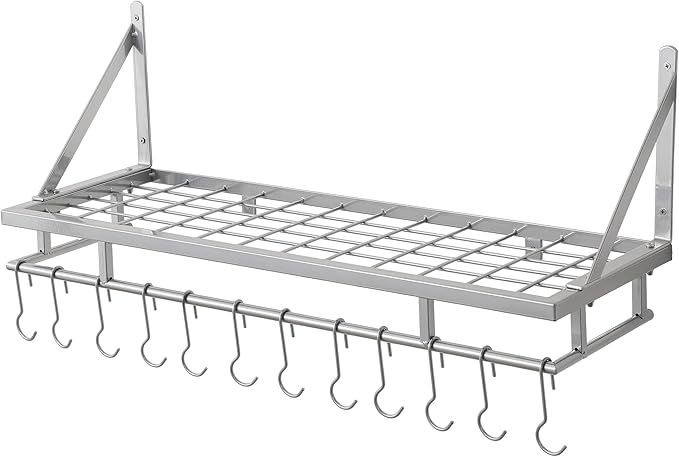 KES 30-Inch Silver Gray Pot Rack, Wall MountedHanging Pot and Pan Organizer with 12 Sturdy Hooks, Kitchen Wall Hanger Shelves Modern, KUR215S75A-SG