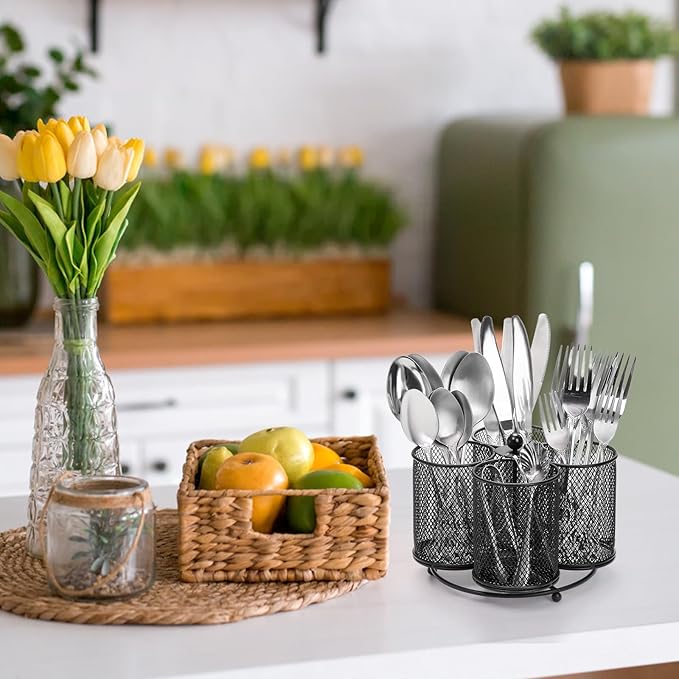 Peohud Rotating Utensil Holder, 4 Compartment Silverware Cutlery Caddy, Metal Flatware Organizer for Spoons, Knives, Forks and Napkin