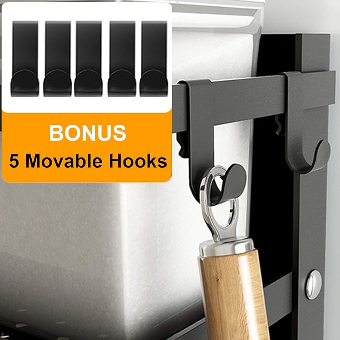 EASTTOWEST Magnetic Spice Rack,4 Tier Kitchen Magnetic Shelf for Refrigerator Fridge Organizer with 2 Paper Towel Holders and 5 Removable Hooks,Matte Black