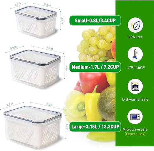 Pack of 3 Fruit Fresh Produce Protector, Grape Container for Fridge, Fruit Saver With Drain Colanders, Partitioned Salad Container, Refrigerator Organizer for Lettuce Berry Food