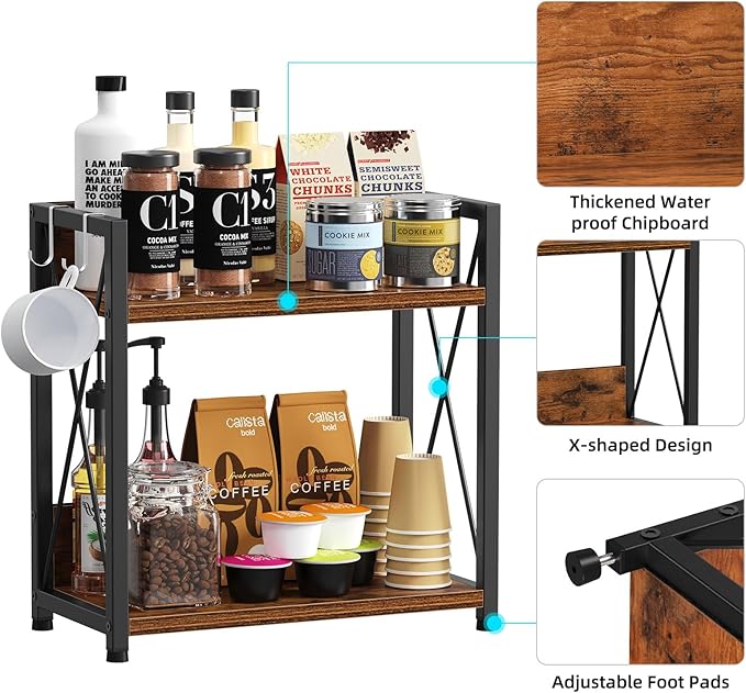 Snughome Countertop Shelf Organizer, Kitchen Counter Shelf with Hooks, 2 Tier Spice Rack for Kitchen Countertop,Coffee Station，(Rustic Brown, Large)
