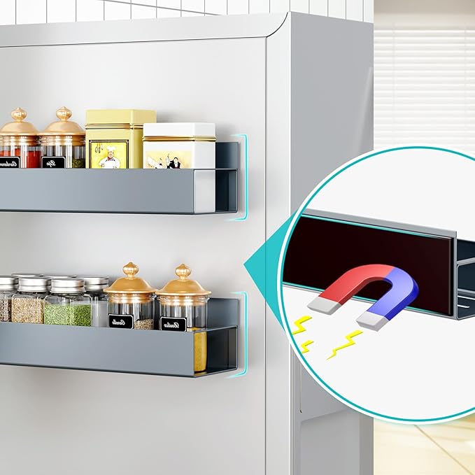 2 Pack Moveable Fridge Magnetic Spice Racks,Metal Grey