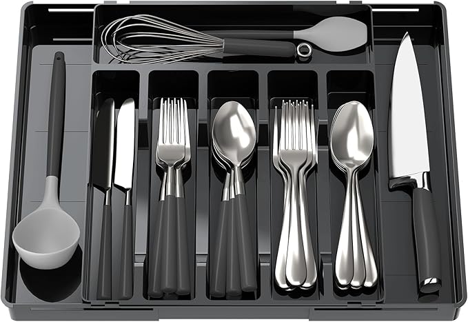 Kitsure Silverware Organizer - 8 Slots Expandable Drawer Organizer for Utensils & Cutlery, Multipurpose Kitchen Organizers and Storage Solution, Black, 21.3" x 14.5" x 1.8"
