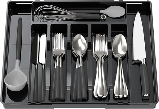 Kitsure Silverware Organizer - 8 Slots Expandable Drawer Organizer for Utensils & Cutlery, Multipurpose Kitchen Organizers and Storage Solution, Black, 21.3" x 14.5" x 1.8"