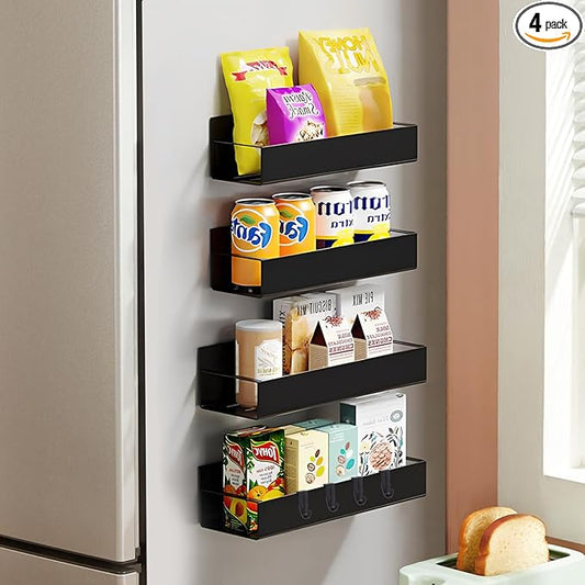 maytopia Magnetic Spice Rack Organizer for Refrigerator, 4 Pack Metal Strong Magnetic Shelf for Fridge with 4 Hooks, Small Black Spice Rack for Home Kitchen Cabinet Oven and Laundry Room Storage