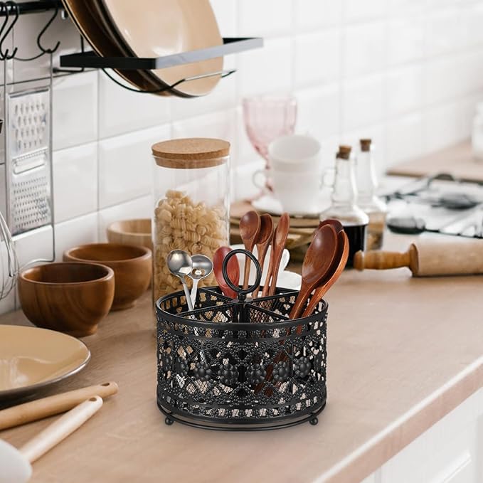 360° Rotating Utensil Caddy Countertop - Cutlery Silverware Caddy Holder with 4 Compartment - Higher Raised Flatware Organizer with Handle for Party Kitchen Counter Office Black