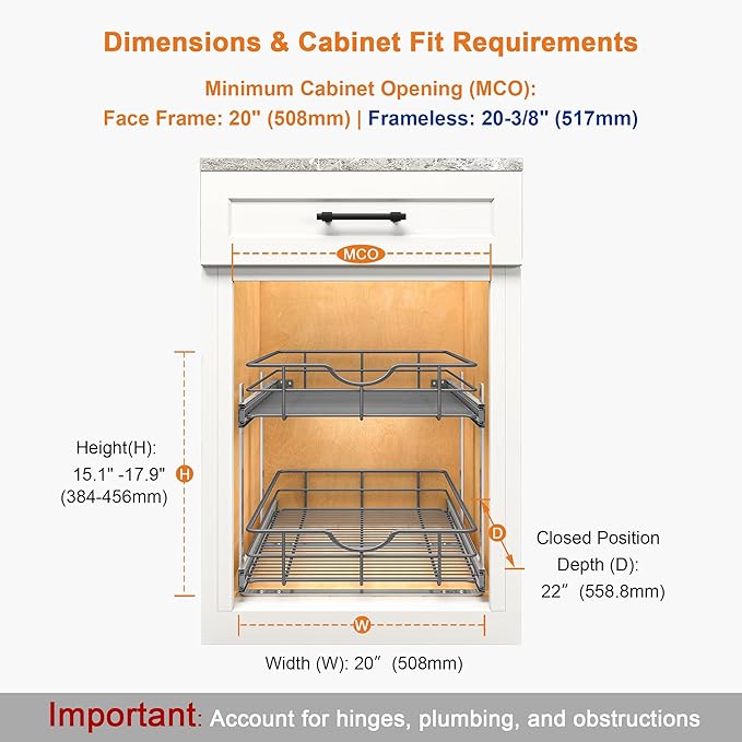 ALINE FURNITURE 2-Tier Pull Out Cabinet Organizer - 20" W x 22" D Soft Close Pullout Shelves for Kitchen Cabinets - Slide Out Drawers, Heavy Duty Steel Wire