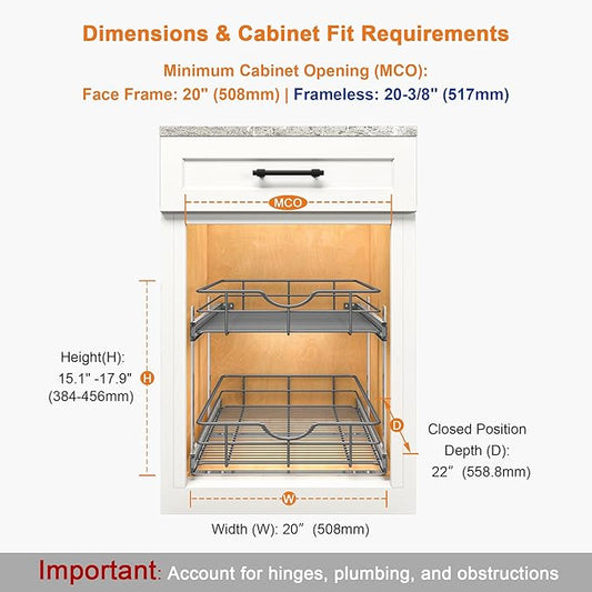 ALINE FURNITURE 2-Tier Pull Out Cabinet Organizer - 20" W x 22" D Soft Close Pullout Shelves for Kitchen Cabinets - Slide Out Drawers, Heavy Duty Steel Wire
