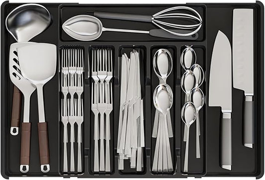 Yieach Black Expandable Silverware Organizers for Kitchen Drawers,Large 8 Grid Silverware Tray and Cutlery Drawer Organizer,BPA Free Kitchen Utensil Organizer for Knife,Spoons Forks Set Flatware Tray