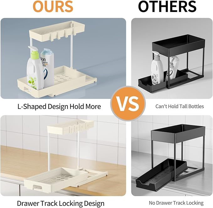 Delamu 2 Pack Under Sink Organizers and Storage, L-Shape Beige Under Bathroom Kitchen Sink Organizer with Drawer for Under Sink Storage Organizer