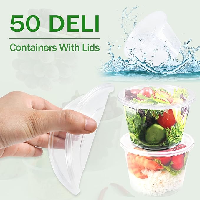 16 OZ [50 Set] Plastic Deli Food Storage Containers with Leak-Proof Airtight Lids BPA Free Disposable Togo Clear Containers for Soups, Heavy-Duty Ice Cream Microwave Dishwasher Freezer Safe