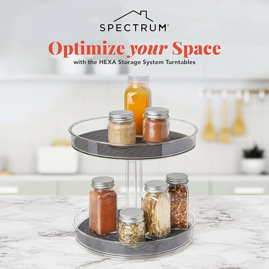 Spectrum 2-Tier Hexa Lazy Susan Organizer - Lazy Susan Turntable for Cabinet, Refrigerator, Pantry, Table, & Shelf - Rotating & Spinning Pantry Organization - Spice Rack Storage for Fridge
