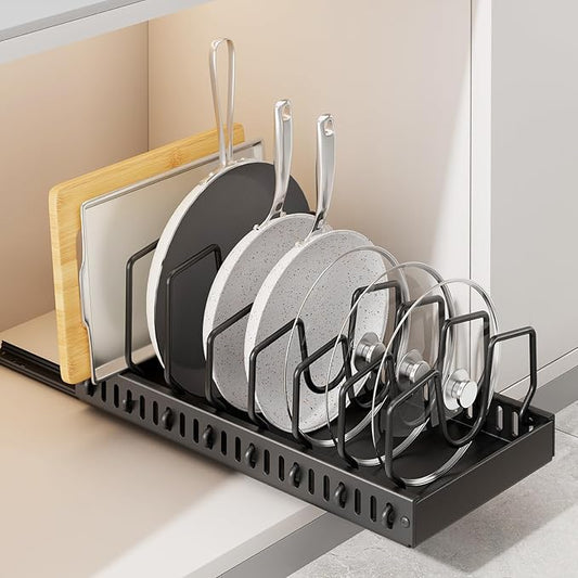 SUNZOS Pots and Pans Organizer for Under Cabinet, Pull Out Pot Lid Organizer for Kitchen, Pan Holder Inside Cabinet and Storage with 8 Adjustable Dividers