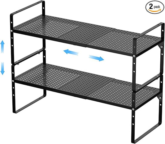 Expandable Kitchen Cabinet Shelf Organizers 2 Pack, Stackable Metal Pantry Storage Shelves Rack, Adjustable Counter Shelf for Cabinets, Countertop, Cupboard Organizers and Storage, Black