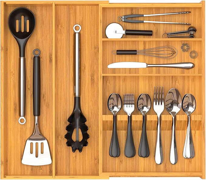 Yofidra Pure Bamboo Silverware Drawer Organizer: 16.9x18.9 Expandable Large Silverware Utensil Tray Holder, 5-Compartment with 6 Card Slots Flatware Organizer Kitchen Organizers and Storage