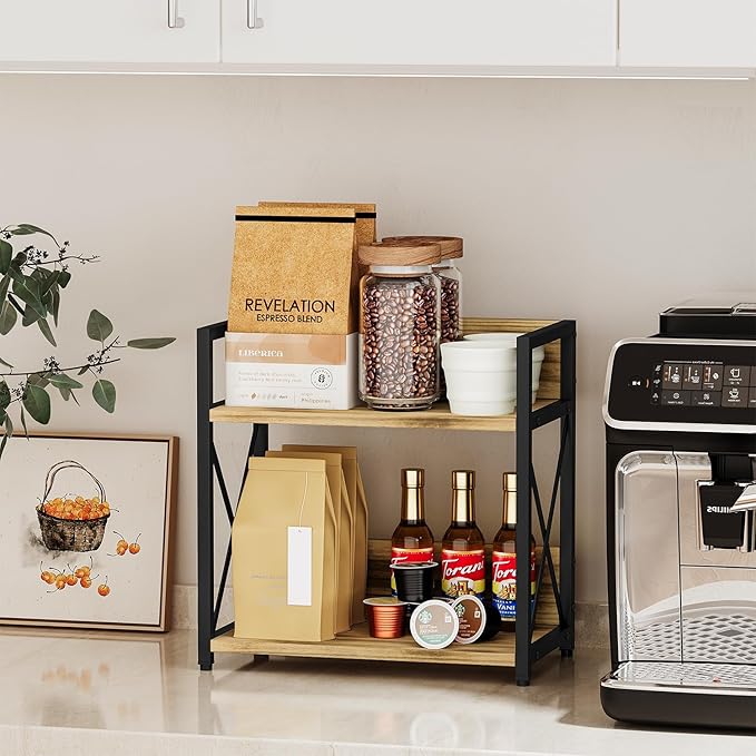 YINMIT Countertop Shelf Organizer,Coffee Bar Accessories,Spice Rack,Coffee Counter Shelf,2 Tier Coffee Organizer Station for Mugs,Cups,Cream,Syrup(Flame-colored, Medium)