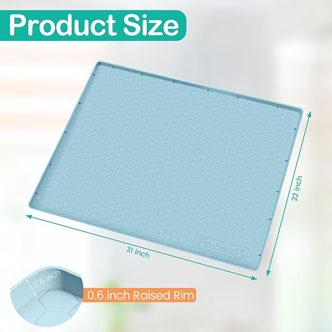Waterproof Under Sink Mat 31" x 22", Silicone Cabinet Liner, Rubber Protector for Kitchen and Bathroom, Keeps Cabinets Clean, Dry, and Organized (Light Blue)