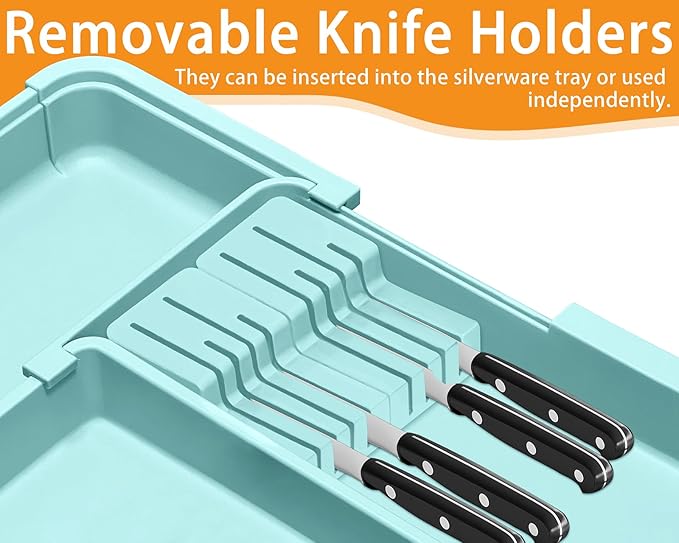Utensil Drawer Organizer for Kitchen, Expandable Silverware Organizer Cooking Utensils Tray, Large Cutlery and Flatware Holder, Kitchen Tools & Gadgets Storage (Turquoise)