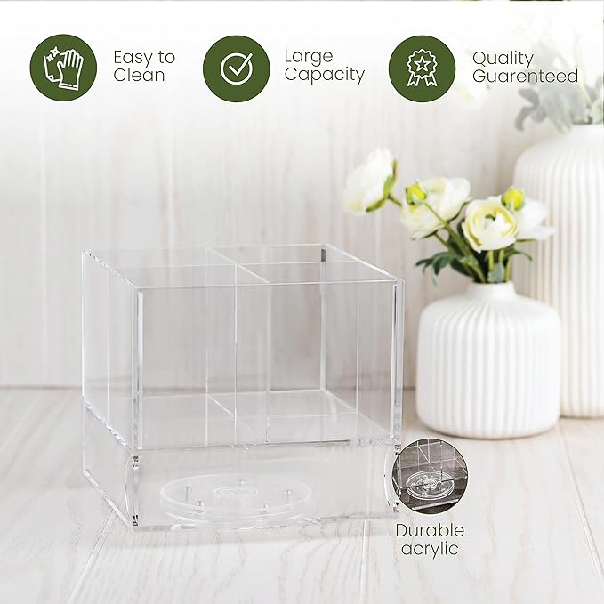 ELTOW Acrylic Swivel Silverware Caddy, Stylish Kitchen Table Organizer – Made with Clear Lucite, Holds Spoons, Forks, Knives, Straws, and Napkins