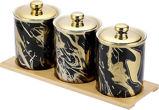 3 Pack Ceramic Canister Set with Lids and Bamboo Tray, Coffee Tea Sugar Container Set, Ceramic Storage Jar Decorative Storage Pots Kitchen Canister for Countertop, Black Marble Style