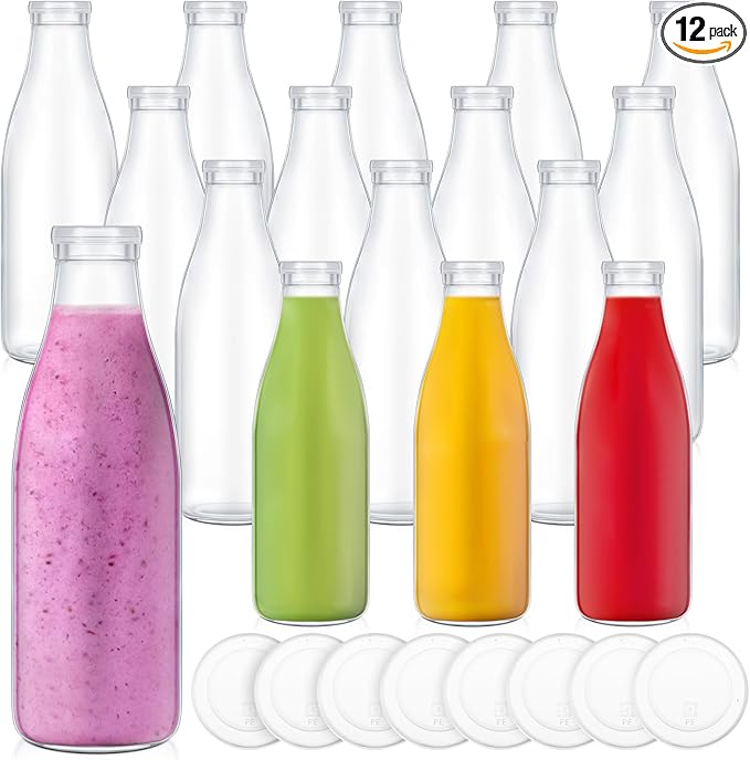 Zubebe 12 Pack Small Glass Milk Bottles Clear Mini Party Bottles with Lids Glass Juice Jars Reusable Small Milk Jars Vintage Breakfast Shake Containers for Baby Shower Birthday Party Favors(33.8 oz)