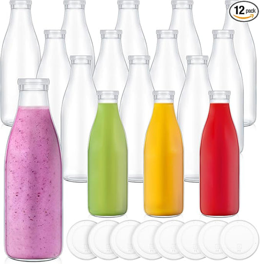 Zubebe 12 Pack Small Glass Milk Bottles Clear Mini Party Bottles with Lids Glass Juice Jars Reusable Small Milk Jars Vintage Breakfast Shake Containers for Baby Shower Birthday Party Favors(33.8 oz)