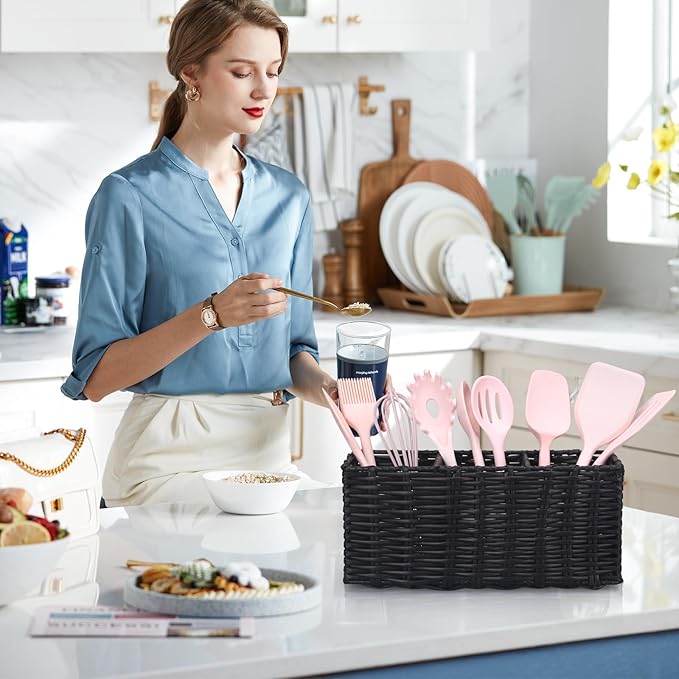 Ayiaren Wicker Silverware Cutlery Holder Black Flatware Utensil Caddy Best Silverware Organizer Storage for Countertop Party Kitchen Utensils Holder Flatware Silverware Caddies Spoon and Fork Holder