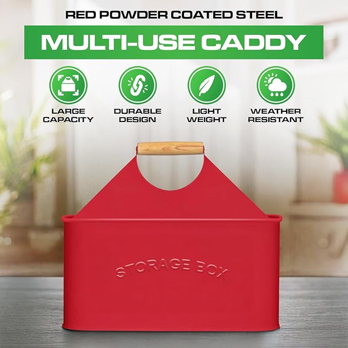 Plexon Red Metal Caddy, Table Utensil Caddy with Handle, Galvanized Steel Utensil Holder for Party, Metal Flatware Caddy Large Silverware Organizer Countertop for Kitchen Garden Patio Bathroom