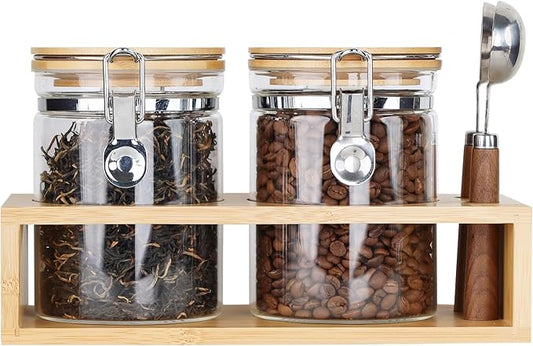 KKC HOME ACCENTS Airtight Clear Glass Coffee and Tea Storage Jars with Lids and Scoops, Air tight Sealed Coffee bean Containers with Clamp Lids for Ground Coffee,Sugar,Loose Leaf Tea,Matcha, 27 FL OZ