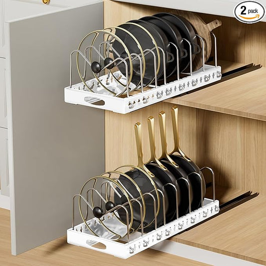 Pull Out Pots and Pans Organizer Under Cabinet, 2 Pack Pots and Pans Organizer, Sliding Lid Holder and Pan Rack in Kitchen, Slide Out inside Cabinet Storage for Pot Lid, Bakeware, Dishes, White