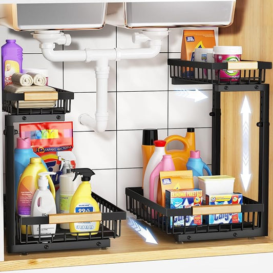 2 Pack Under Sink Organizer, Metal Slide Out Under Sink Organizers and Storage Shelves, Height Adjustable Pull Out Under Cabinet Organizer, Under Sink Storage for Kitchen, Bathroom (Black)