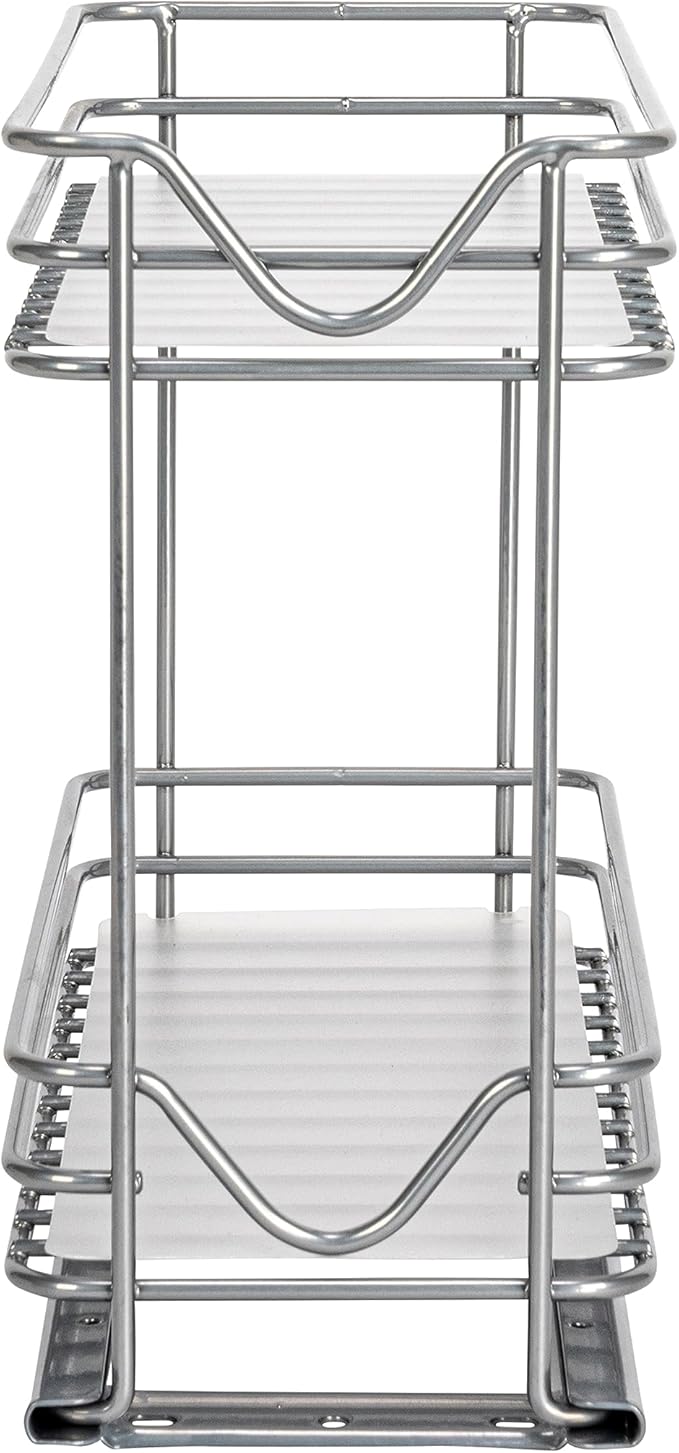 Household Essentials Glidez Powder-Coated Steel Pull-Out/Slide-Out Storage Organizer with Plastic Liners for Spice Rack Use - 2 -Tier Design - Fits Standard Size Cabinet or Shelf, Brushed Silver