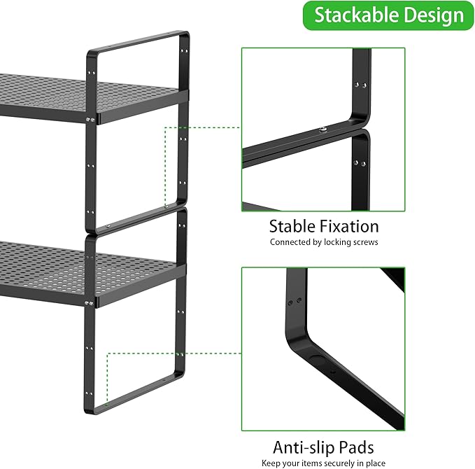 Expandable Cabinet Storage Shelf Stackable Organizer Rack for Kitchen Bathroom Pantry Spice Cupboard Coffee Countertop Home Office Desk Heavy Duty Nonslip Black Small 3 Packs