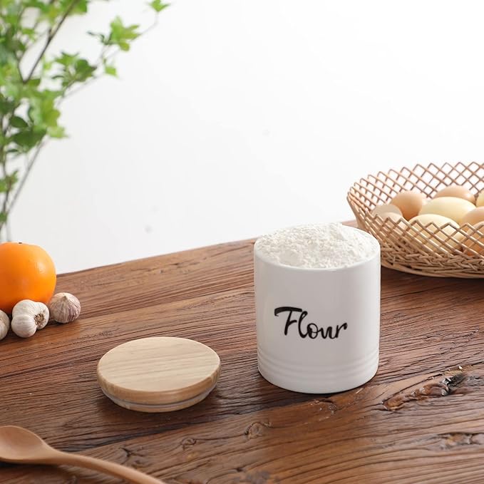 LEETOYI Porcelain Food Storage Containers with Lid, 4.5 Inch 31oz White, Labeled Flour