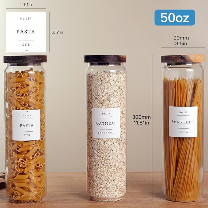 3 Set Glass Pantry Storage Jars with Acacia Airtight Lid - 50oz Thicken Glass Kitchen Canisters with 132 Pantry Labels - Tall Glass Food Storage Containers with Wood Lid for Pasta,Spaghetti,Cereal