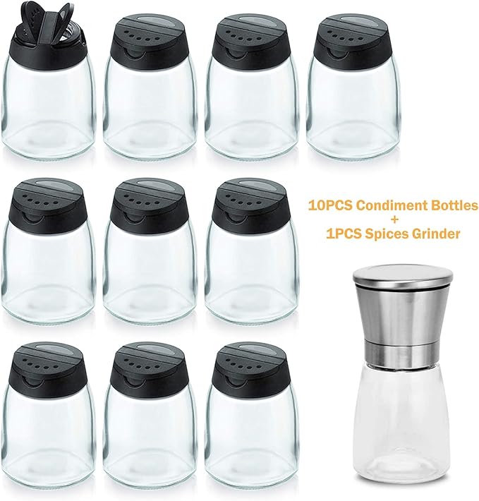 Glass Spice Jars, Double Lids Seasoning Shakers Glass Bottles Spice Shakers Sifter Barbecue Salt & Pepper Shaker Container (10 PCS Condiment Bottles + 1PCS Spices Grinder)