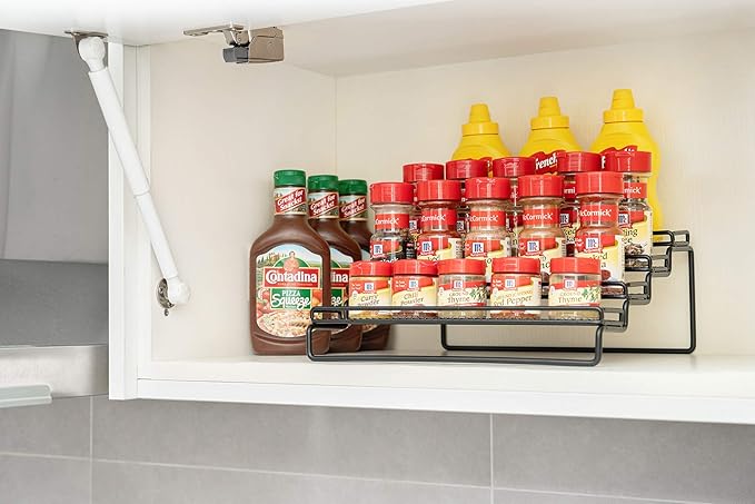 MEIQIHOME 4 Tier Expandable Spice Rack Organizer (11.4 to 22.8 Inch) Step Shelf Spice Storage Holder, for Kitchen Cabinet Countertop Cupboard Pantry, Metal, Black