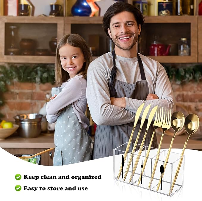 Clear Acrylic Cutlery Storage Organizer, Transparent Silverware Caddy 3 Section Tableware Plastic Holder for Kitchen Indoor Outdoor Decoration Supplies