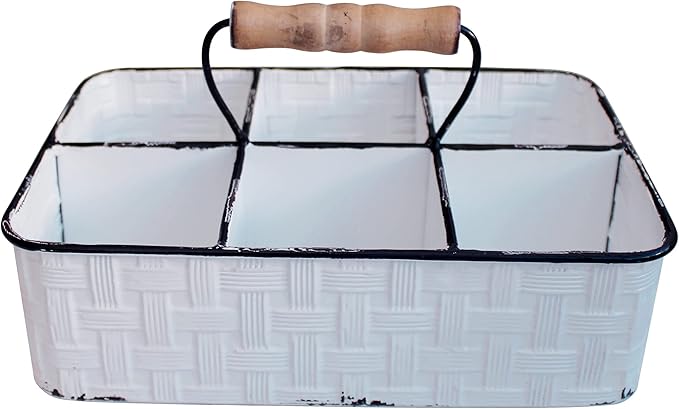 CVHOMEDECO. Rustic Distressed Metal Table Caddy, Bottles holder, Tabletop Organizer, Enamel Finish with Wood handle and 6 Compartments, White