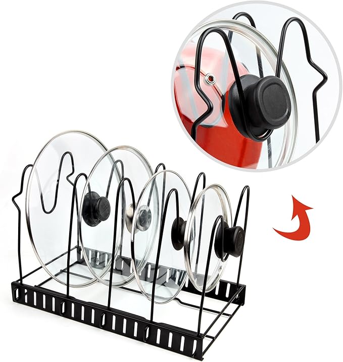 Vdomus Adjustable Pots and Pans Rack for Kitchen - Height Adjustable Rack - Kitchen Cookware Storage - Cabinet and Pantry Pan and Pot Lid Holder Organizer - Black Metal (Black) - 8.3"D x 15"W x 10"H